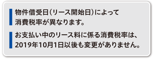 物件借受日（リース開始日）によって消費税率が異なります。/お支払い中のリース料に係る消費税率は、2019年10月1日以後も変更がありません。